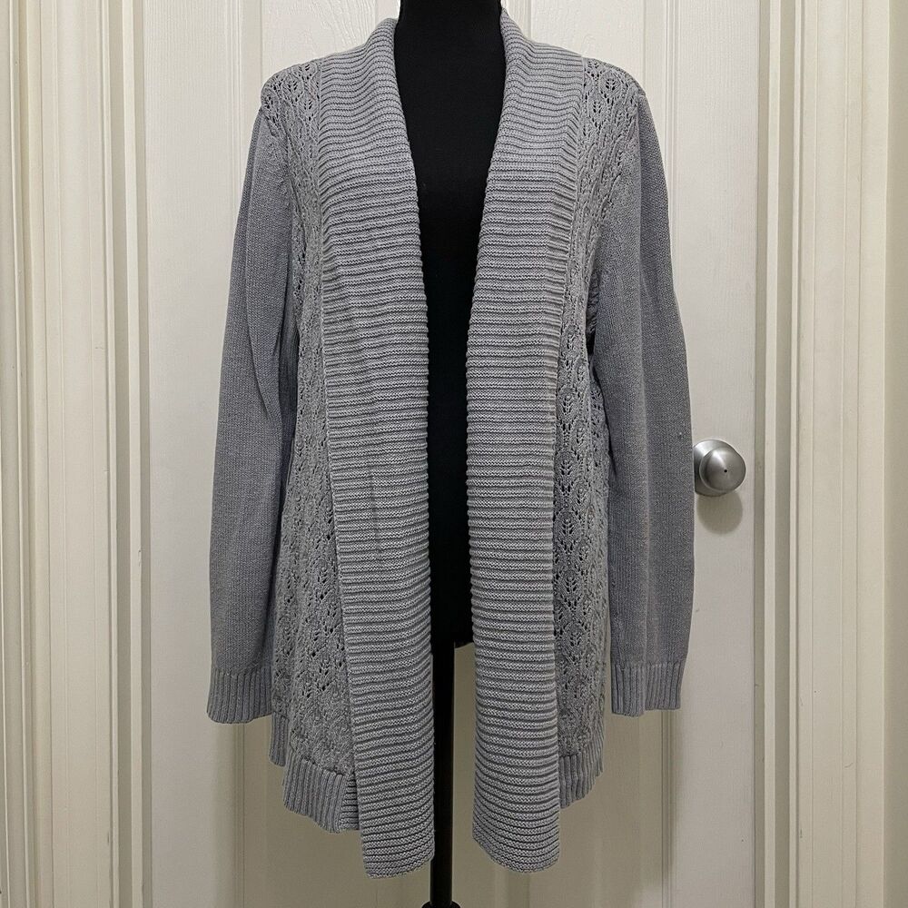 Eddie Bauer Open Front Knit Cardigan Sweater Linen Cotton Blend Gray X-Large‎ XL